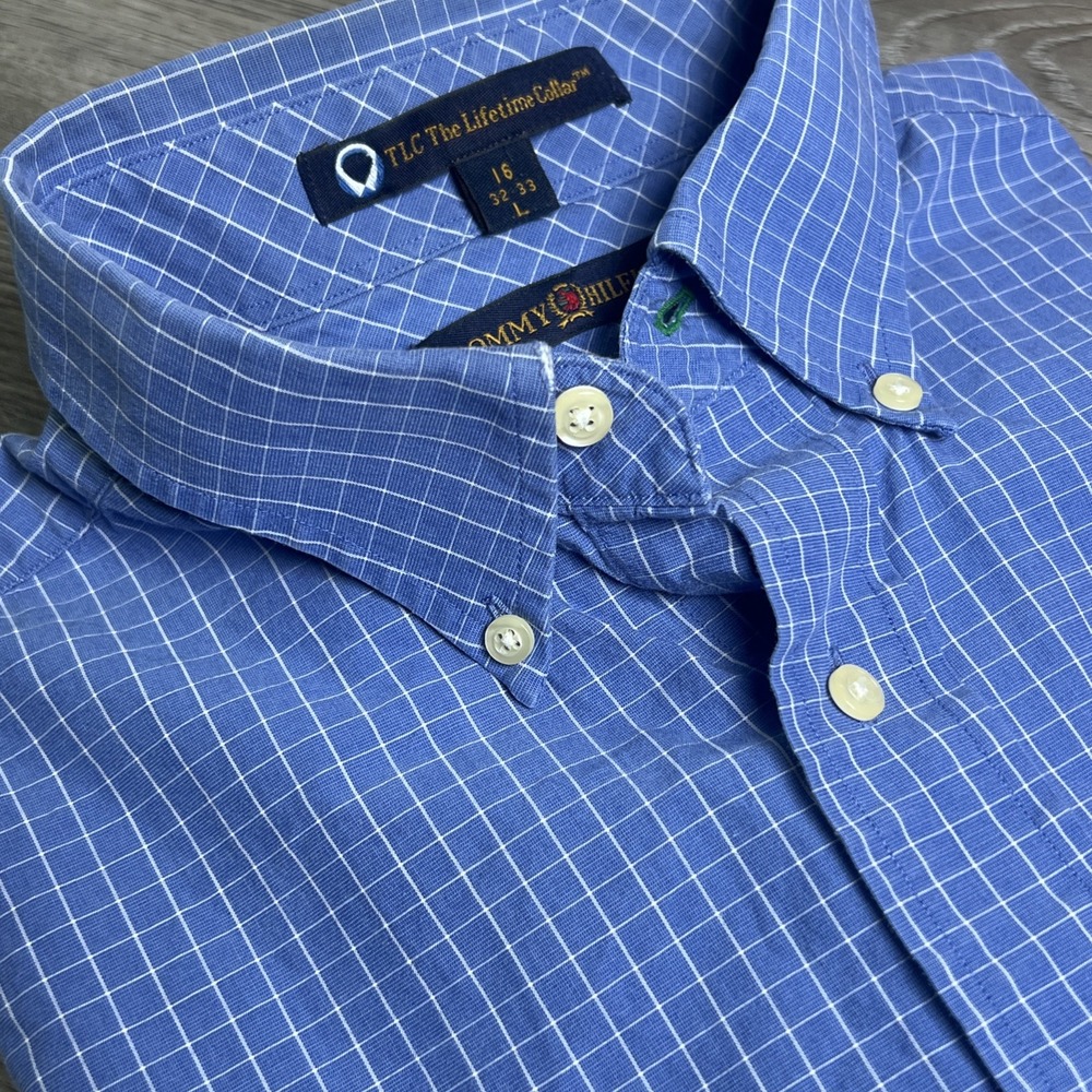 Tommy Hilfiger Vintage Mens Dress Shirt 16 (32-33) TLC Collar Blue Check
